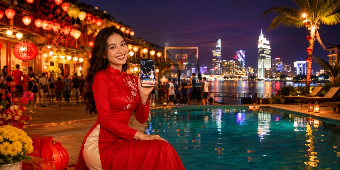 Người hâm mộ bóng rổ tại Hội An xem cá cược thể thao trực tuyến trong trang phục áo dài